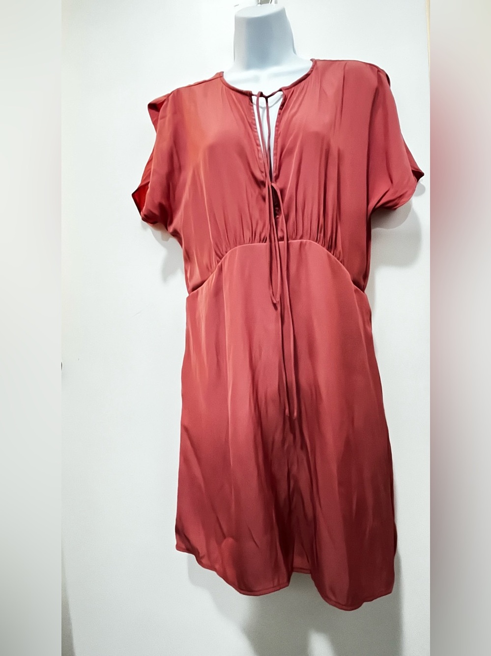 Rust Red Tie-Front Short Sleeve Dress,split sleeve with pockets.NWT